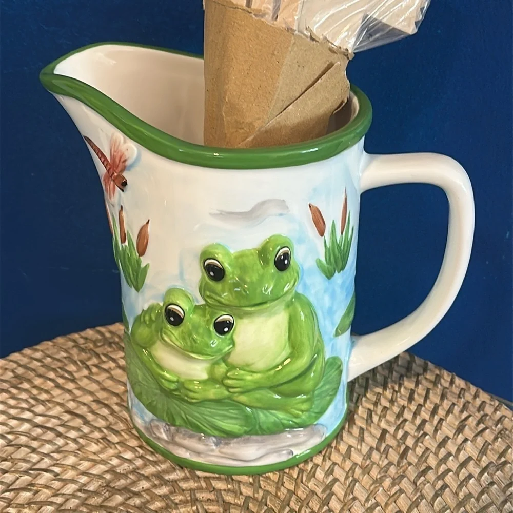 New Frog Hand Painted Ceramic 7 Wooden Kitchen Accessories Set 8.5” Tall